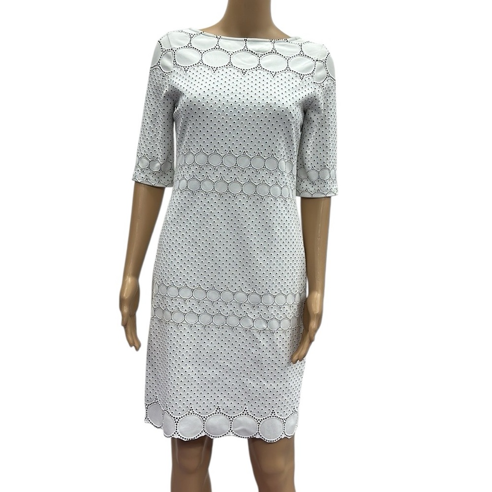 Julia Jordan White Black Textured Scalloped Hem Half Sleeve Zip Back Dress Sz 6